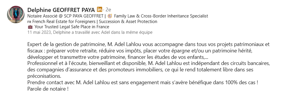 Recommandation LinkedIn d'une notaire associée