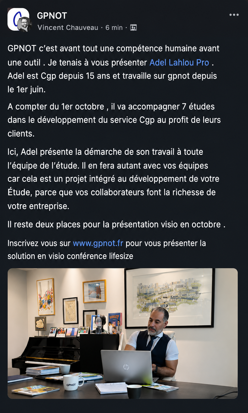 Publication LinkedIn d'un notaire recommandant Adel Lahlou